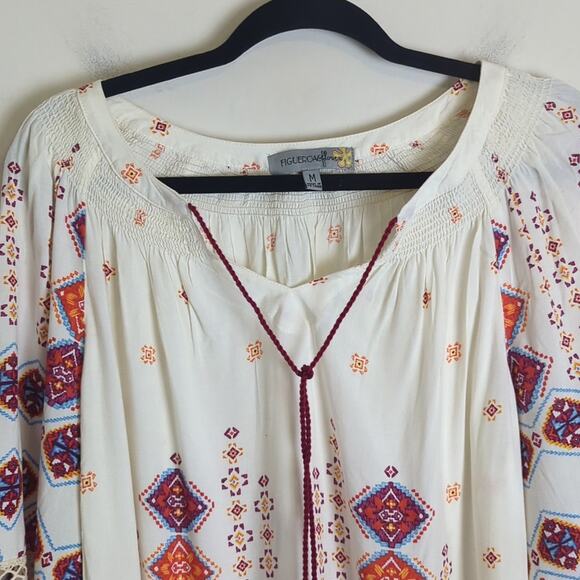 Boho Lightweight Pull Over Top With Crochet Lace Smocked Details Medium - Picture 3 of 10